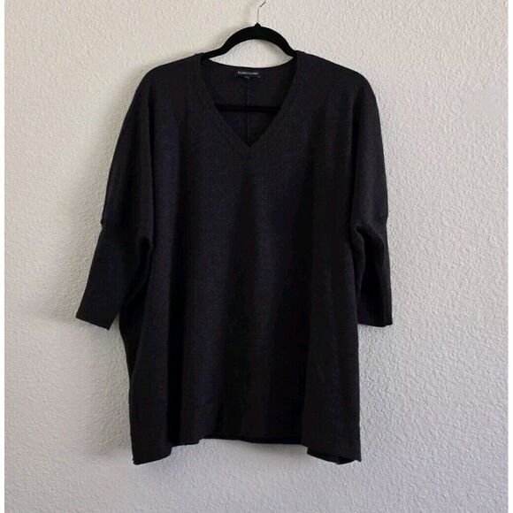 Eileen Fisher 100% Merino Wool V Neck Tunic Sweater Black Size S Knit Oversized - Picture 1 of 7
